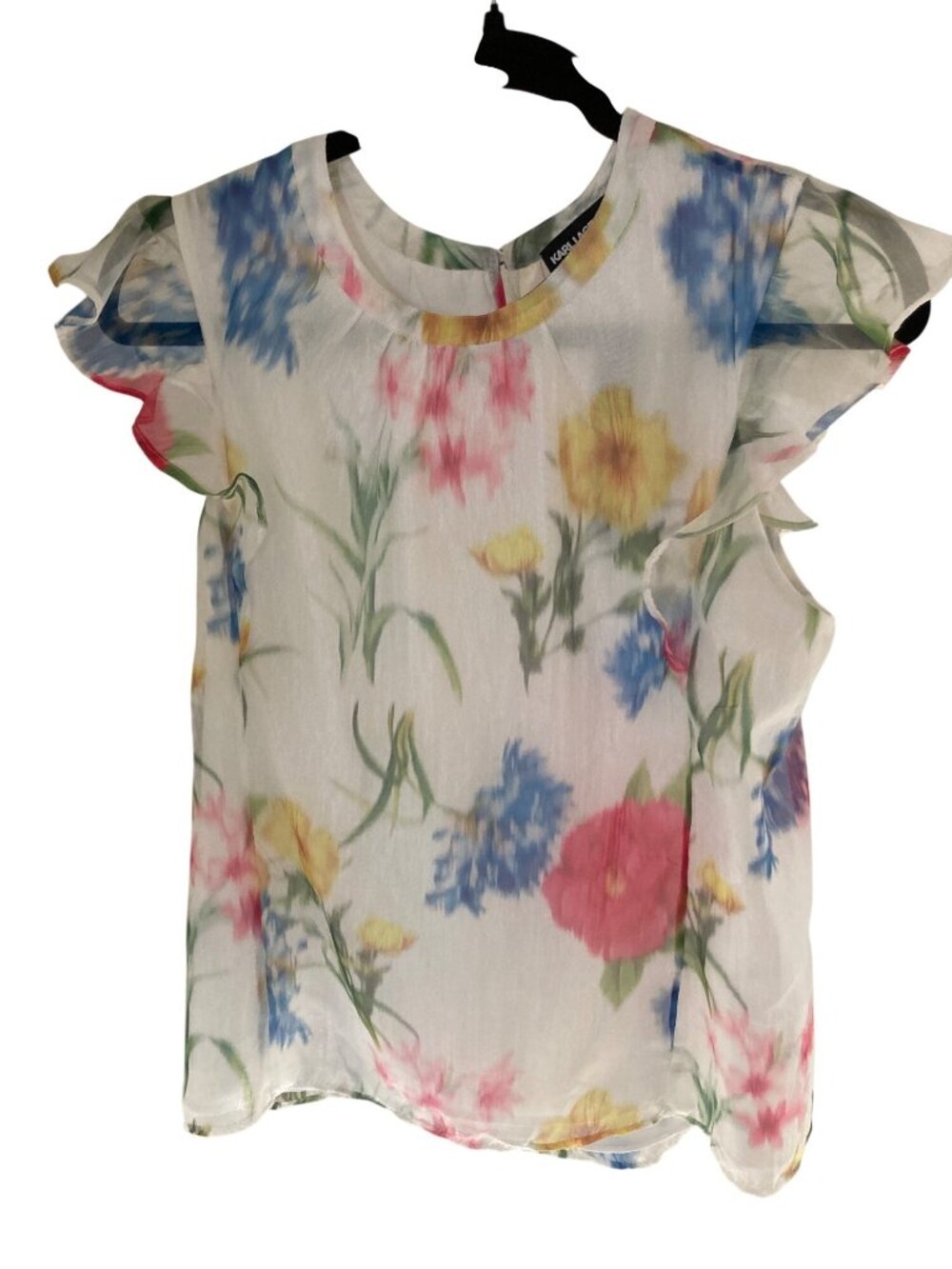 KARL LAGERFELD PARIS WOMENS FLORAL FLUTTER Ruffled Blouse SOFT WHITE NWT  Small
